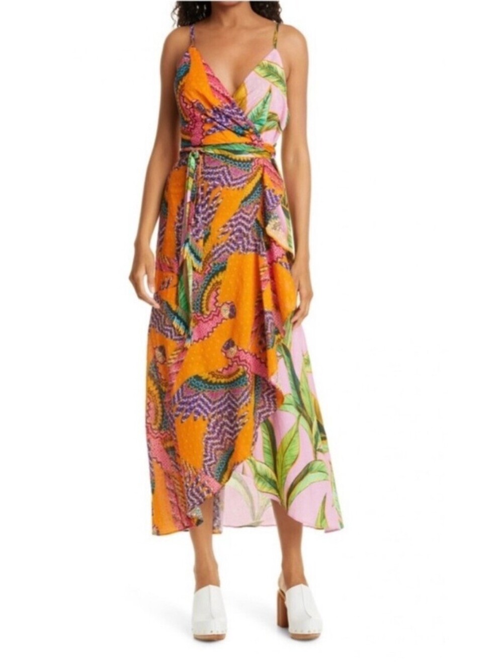 Anthropologie Farm Rio Macaw Beaded Wrap Dress M Vibrant Pink Orange Lined